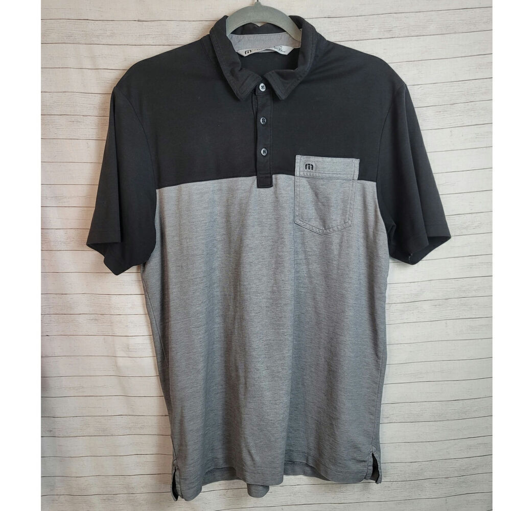 TRAVIS MATHEW BLACK & GRAY COLORBLOCK POLO, SZ MEDIUM